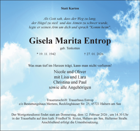 Traueranzeige von Gisela Marita Entrop von Ruhr Nachrichten und Halterner Zeitung