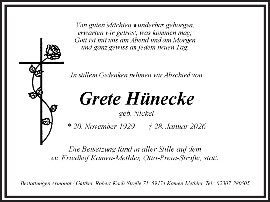 Traueranzeige von Grete Hünecke von Hellweger Anzeiger