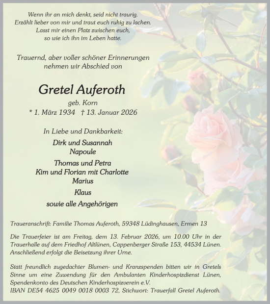Traueranzeige von Gretel Auferoth von Ruhr Nachrichten