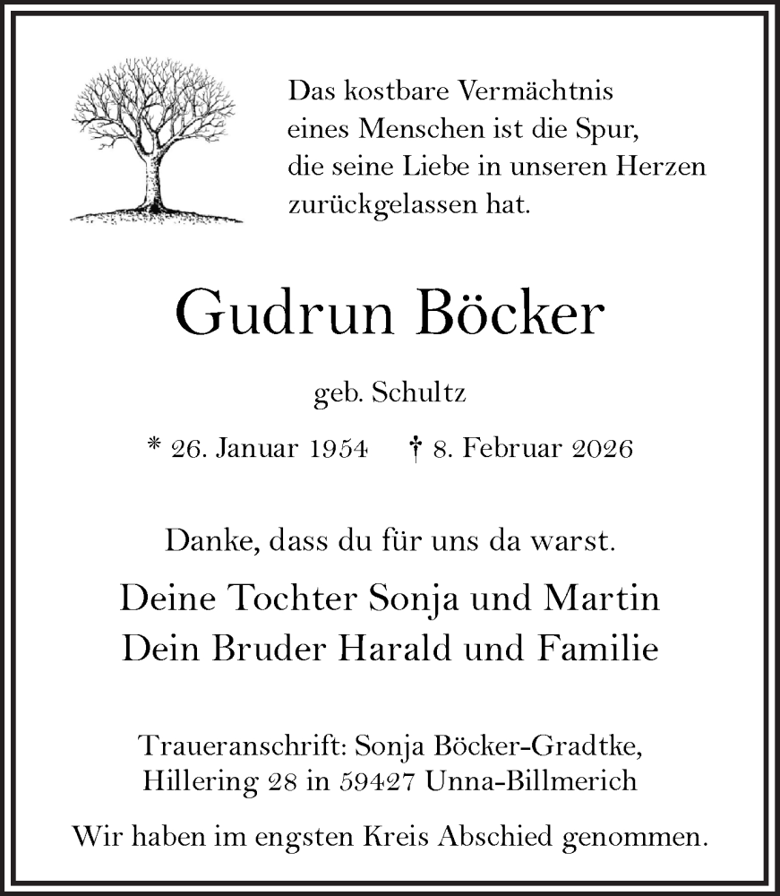  Traueranzeige für Gudrun Böcker vom 28.02.2026 aus Hellweger Anzeiger