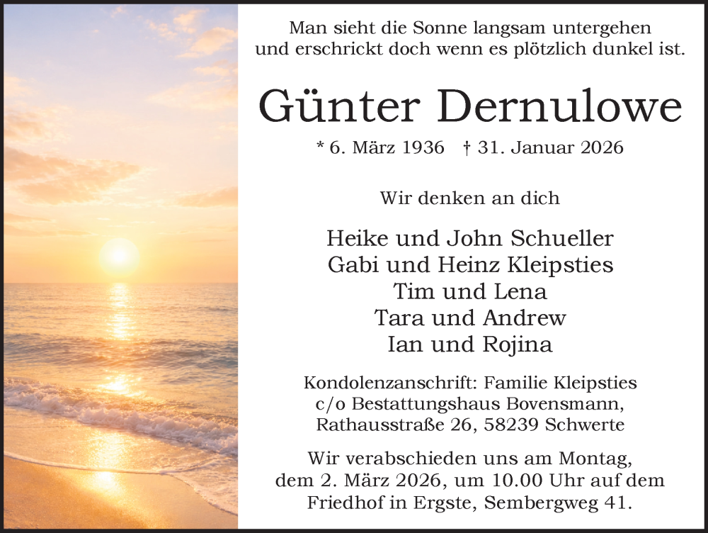 Traueranzeige für Günter Dernulowe vom 21.02.2026 aus Ruhr Nachrichten