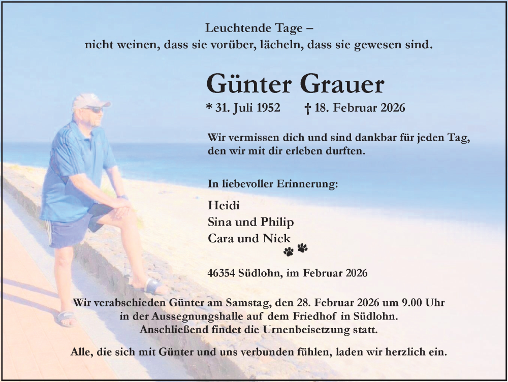  Traueranzeige für Günter Grauer vom 25.02.2026 aus Münsterland Zeitung