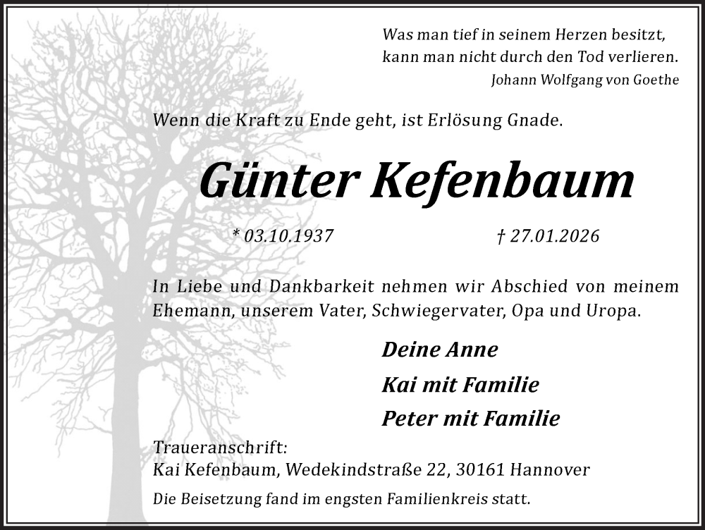 Traueranzeige für Günter Kefenbaum vom 09.02.2026 aus Trauer Vest