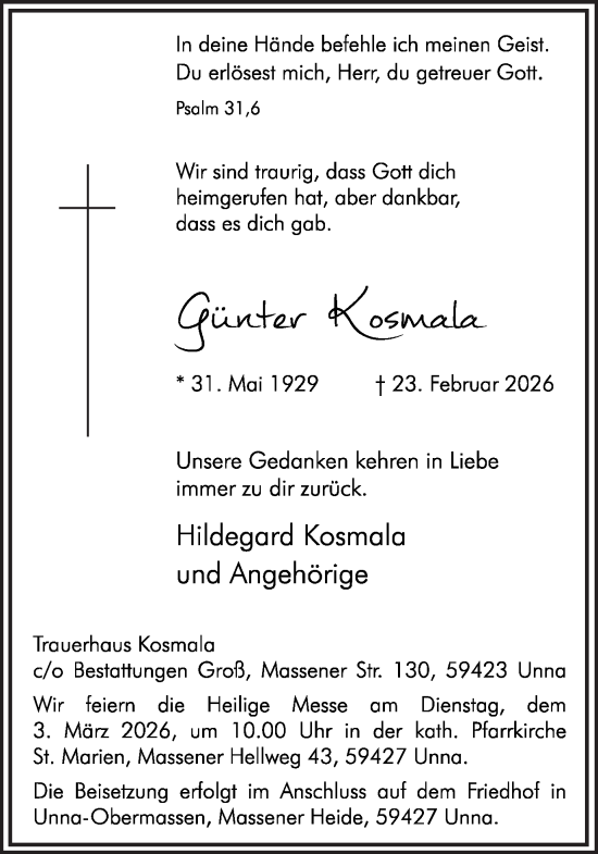 Traueranzeige von Günter Kosmala von Hellweger Anzeiger