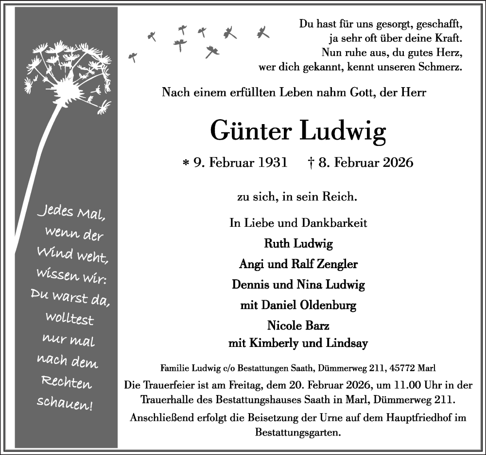 Traueranzeige für Günter Ludwig vom 14.02.2026 aus Trauer Vest