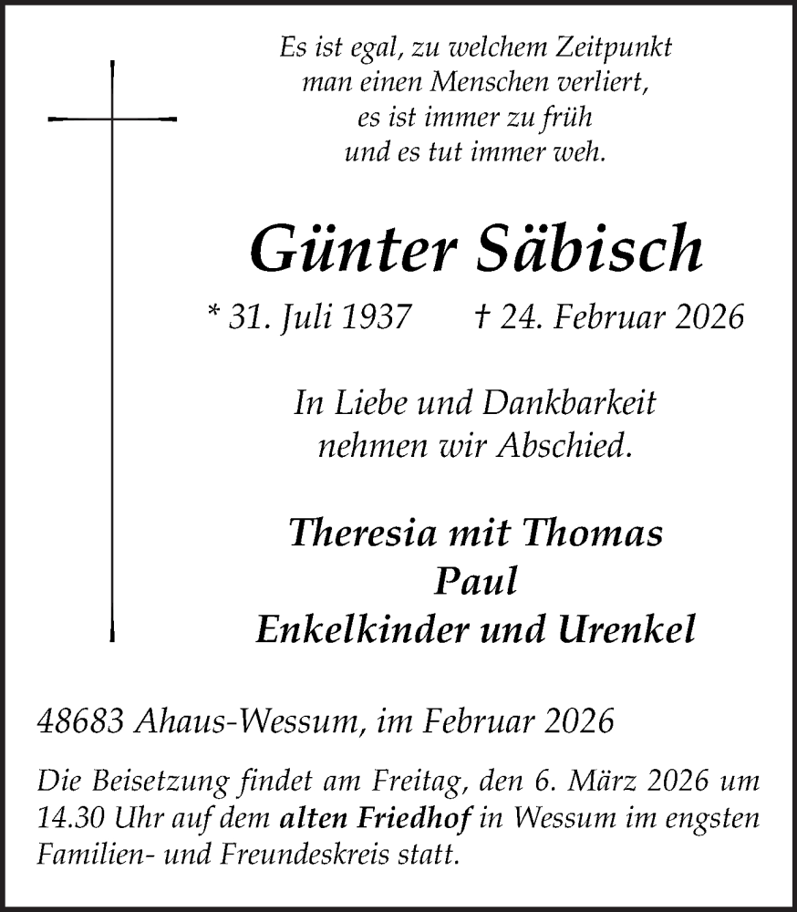  Traueranzeige für Günter Säbisch vom 28.02.2026 aus Münsterland Zeitung