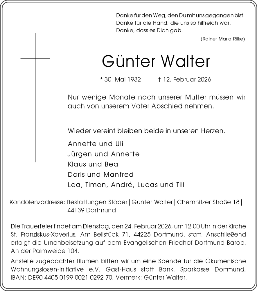 Traueranzeige für Günter Walter vom 21.02.2026 aus Ruhr Nachrichten