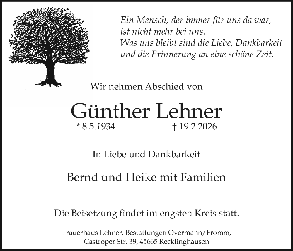  Traueranzeige für Günther Lehner vom 28.02.2026 aus Trauer Vest