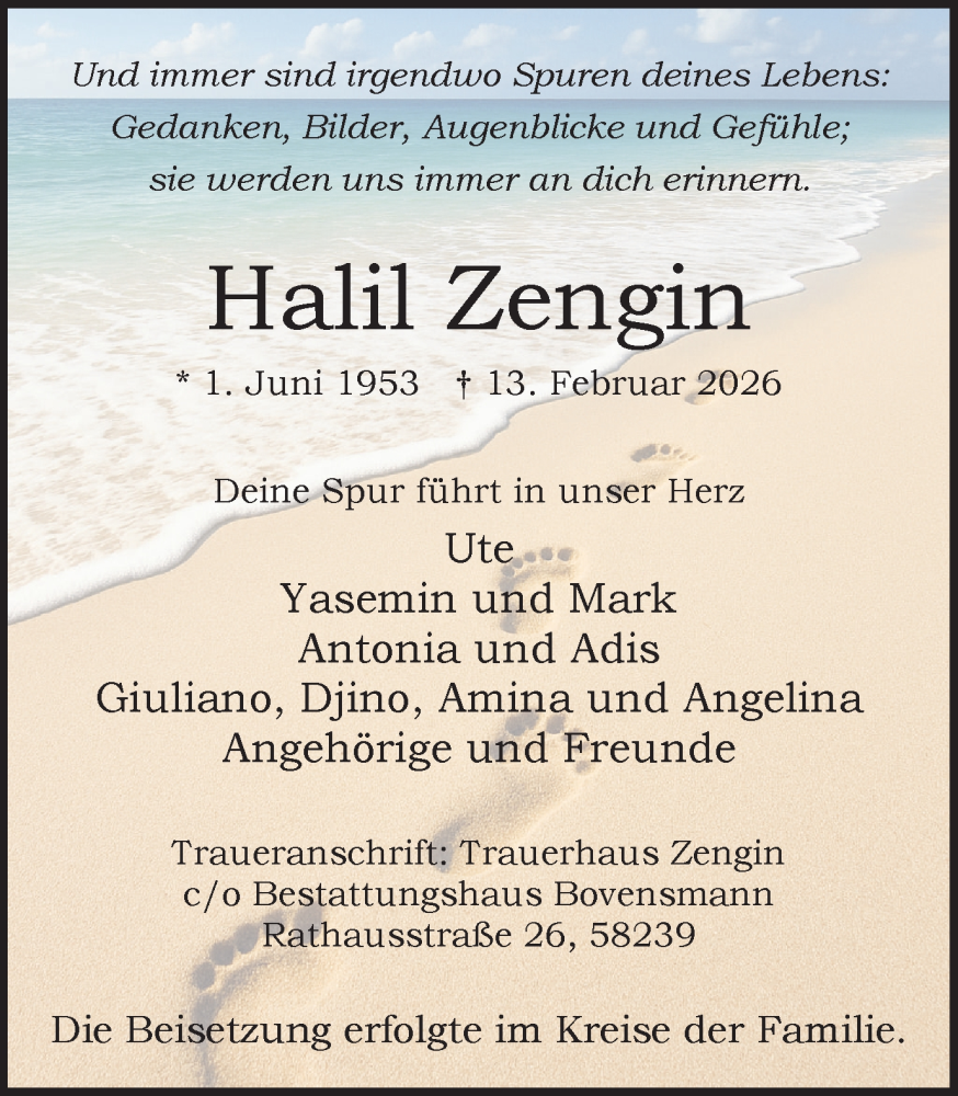  Traueranzeige für Halil Zengin vom 21.02.2026 aus Ruhr Nachrichten