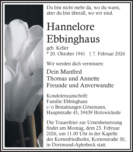 Traueranzeige von Hannelore Ebbinghaus von Ruhr Nachrichten