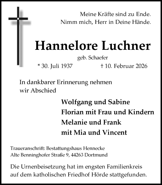 Traueranzeige von Hannelore Luchner von Ruhr Nachrichten