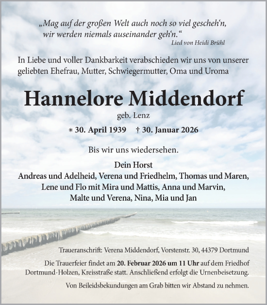 Traueranzeige von Hannelore Middendorf von Ruhr Nachrichten