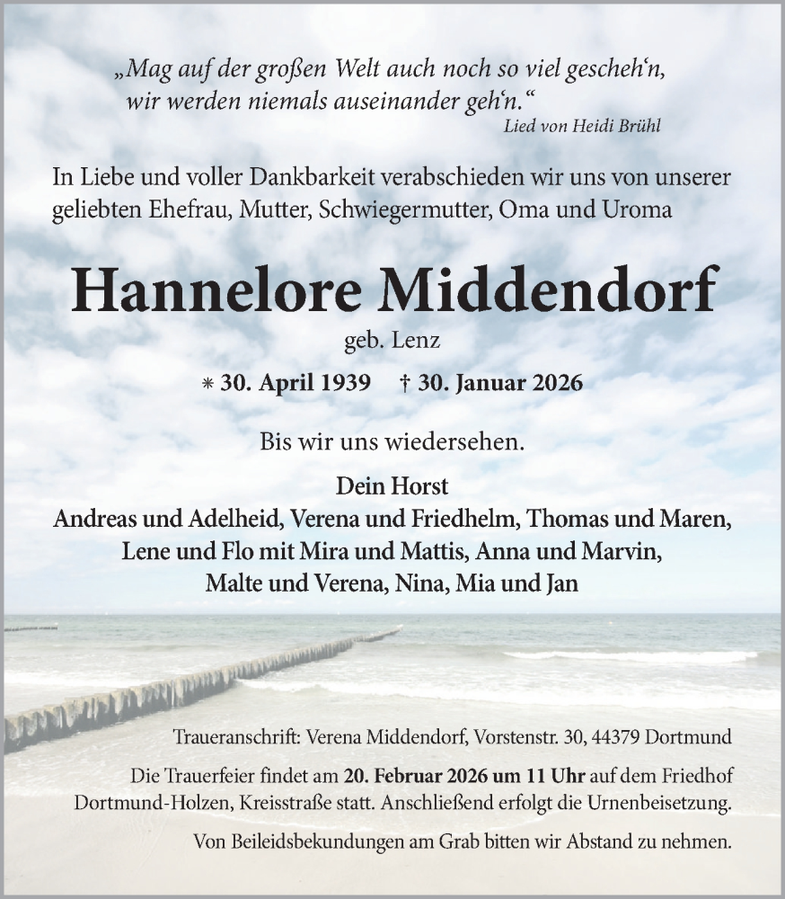  Traueranzeige für Hannelore Middendorf vom 07.02.2026 aus Ruhr Nachrichten