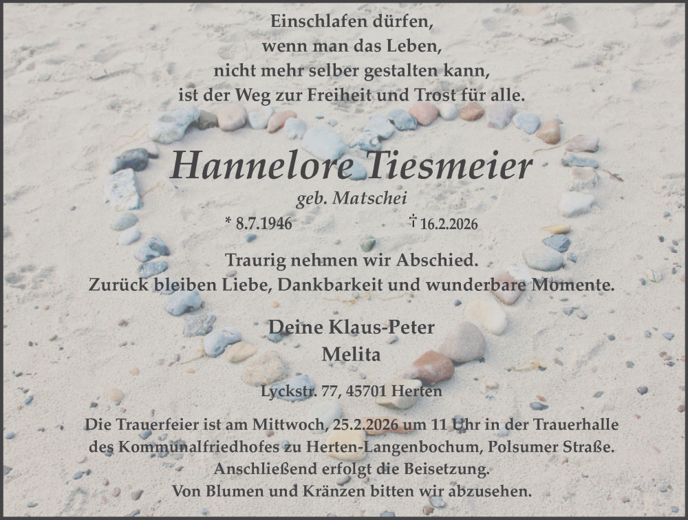  Traueranzeige für Hannelore Tiesmeier vom 21.02.2026 aus Trauer Vest