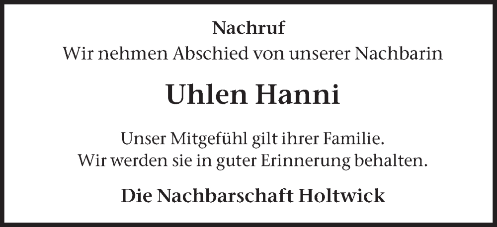  Traueranzeige für Hanni Uhlen vom 11.02.2026 aus Ruhr Nachrichten und Halterner Zeitung