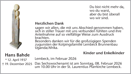 Traueranzeige von Hans Bahde von Ruhr Nachrichten und Dorstener Zeitung