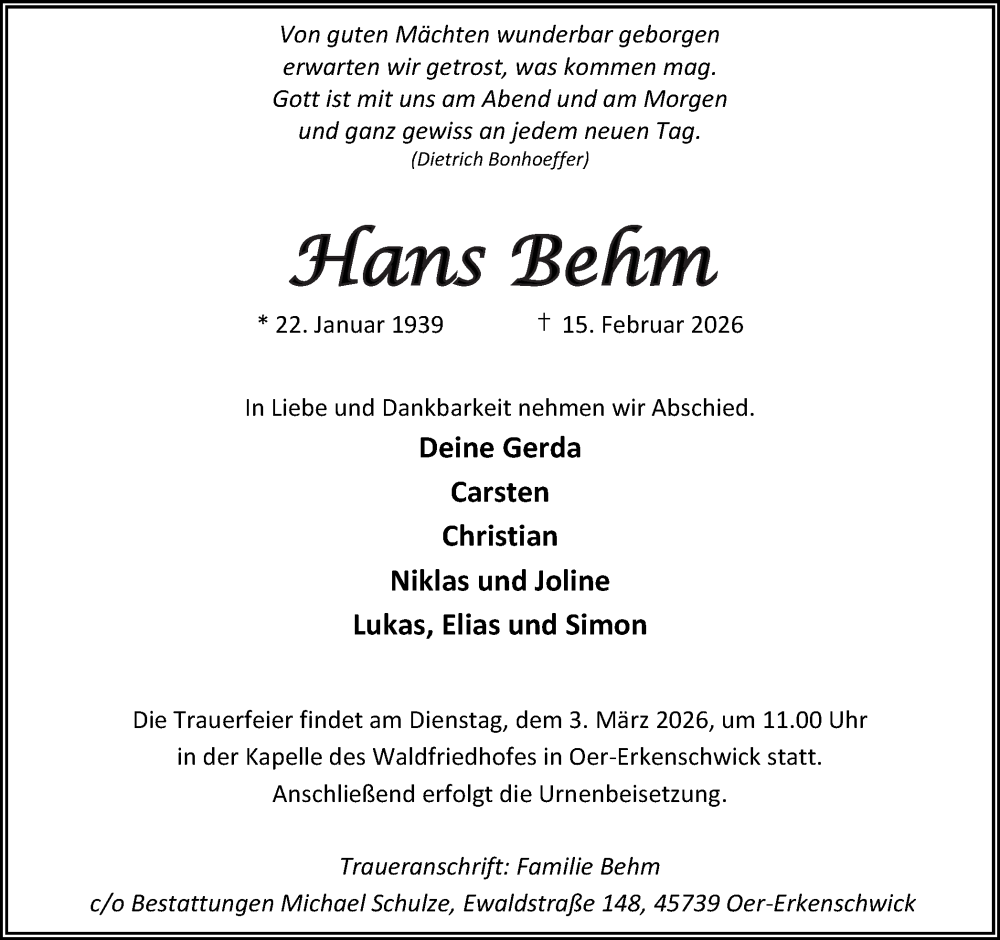  Traueranzeige für Hans Behm vom 21.02.2026 aus Trauer Vest