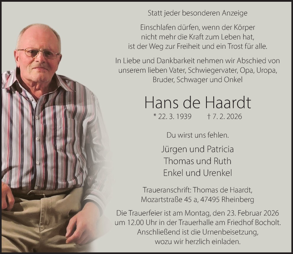  Traueranzeige für Hans de Haardt vom 14.02.2026 aus 