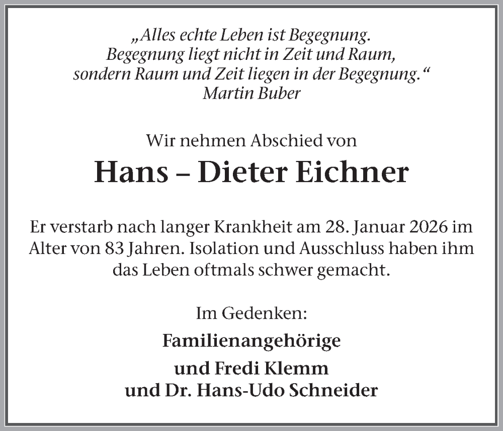  Traueranzeige für Hans-Dieter Eichner vom 07.02.2026 aus Ruhr Nachrichten und Dorstener Zeitung