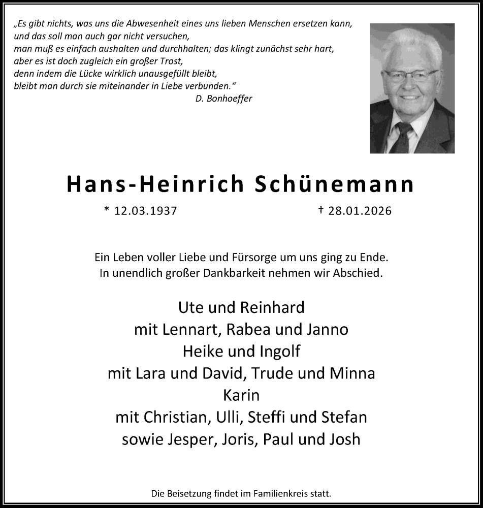  Traueranzeige für Hans-Heinrich Schünemann vom 07.02.2026 aus Stadtanzeiger Castrop-Rauxel