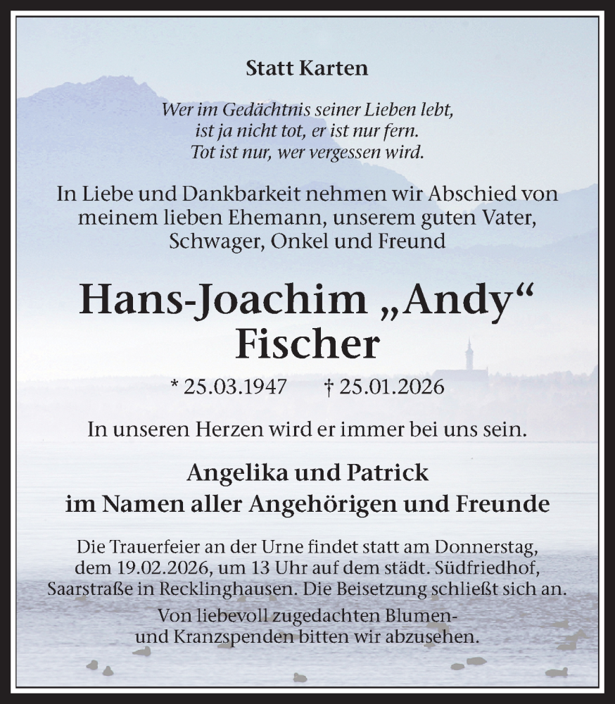  Traueranzeige für Hans-Joachim Fischer vom 14.02.2026 aus Trauer Vest