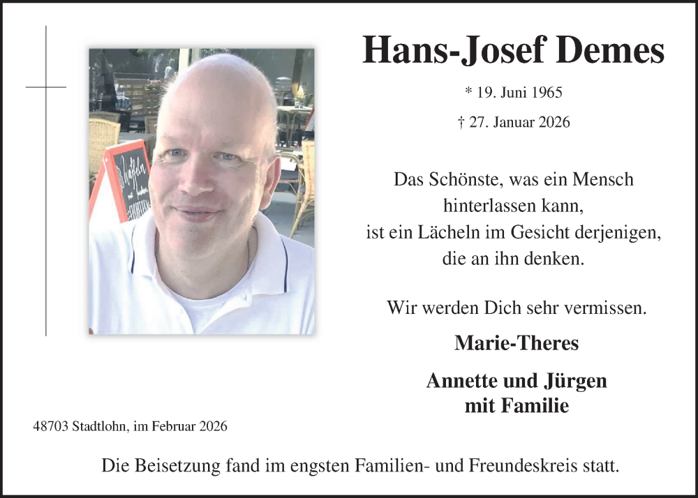  Traueranzeige für Hans-Josef Demes vom 07.02.2026 aus Münsterland Zeitung