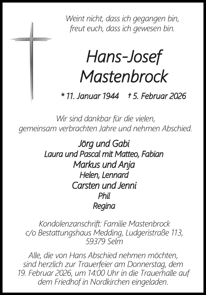  Traueranzeige für Hans-Josef Mastenbrock vom 14.02.2026 aus Ruhr Nachrichten