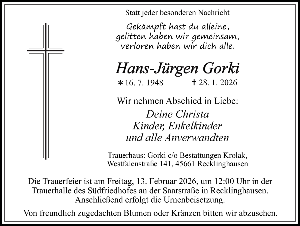  Traueranzeige für Hans-Jürgen Gorki vom 07.02.2026 aus Trauer Vest