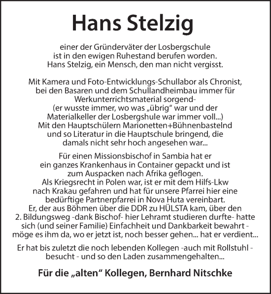 Traueranzeige von Hans Stelzig von Münsterland Zeitung