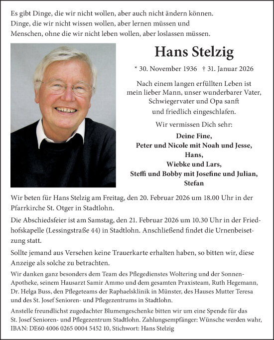 Traueranzeige von Hans Stelzig von Münsterland Zeitung