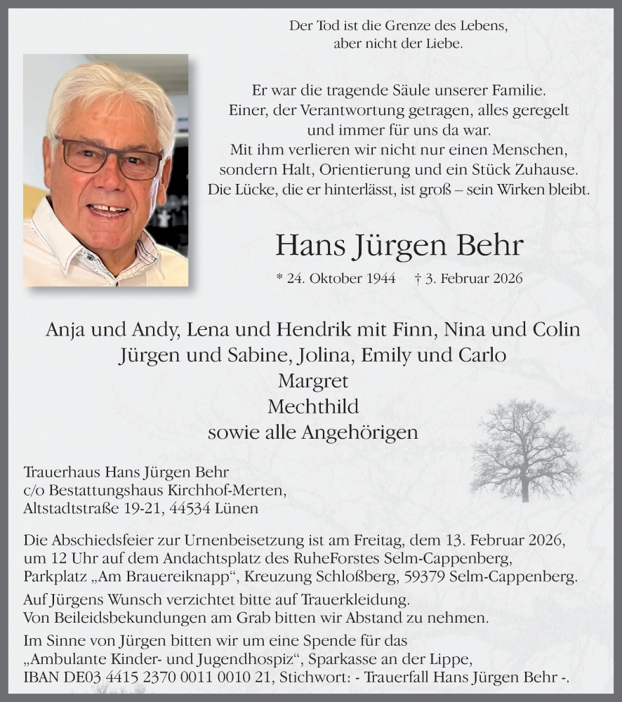  Traueranzeige für Hans Jürgen Behr vom 07.02.2026 aus Ruhr Nachrichten