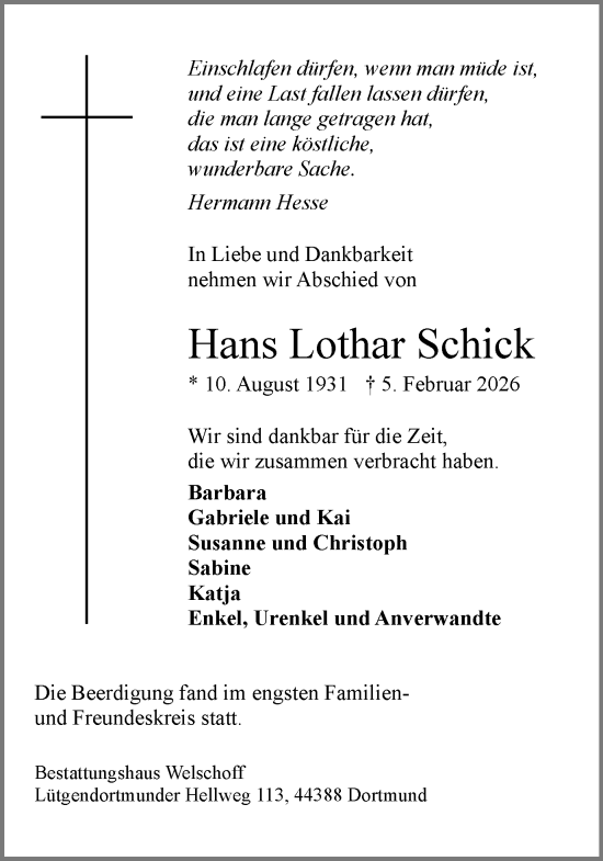 Traueranzeige von Hans Lothar Schick von Ruhr Nachrichten