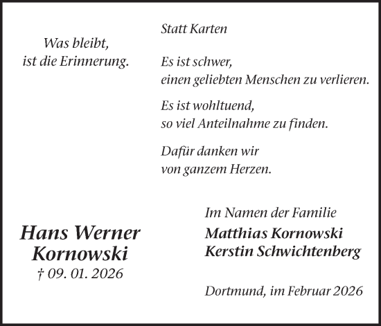 Traueranzeige von Hans Werner Kornowski von Ruhr Nachrichten