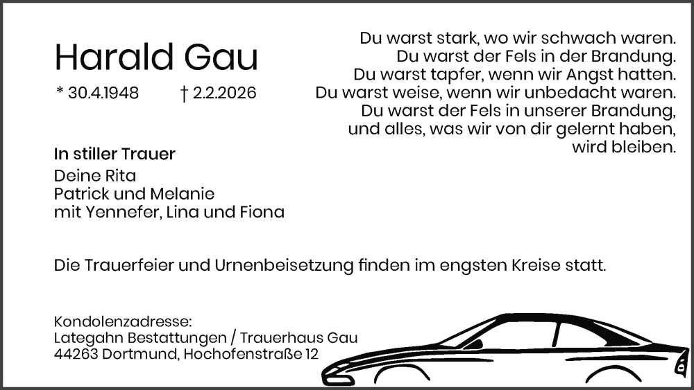  Traueranzeige für Harald Gau vom 07.02.2026 aus Ruhr Nachrichten