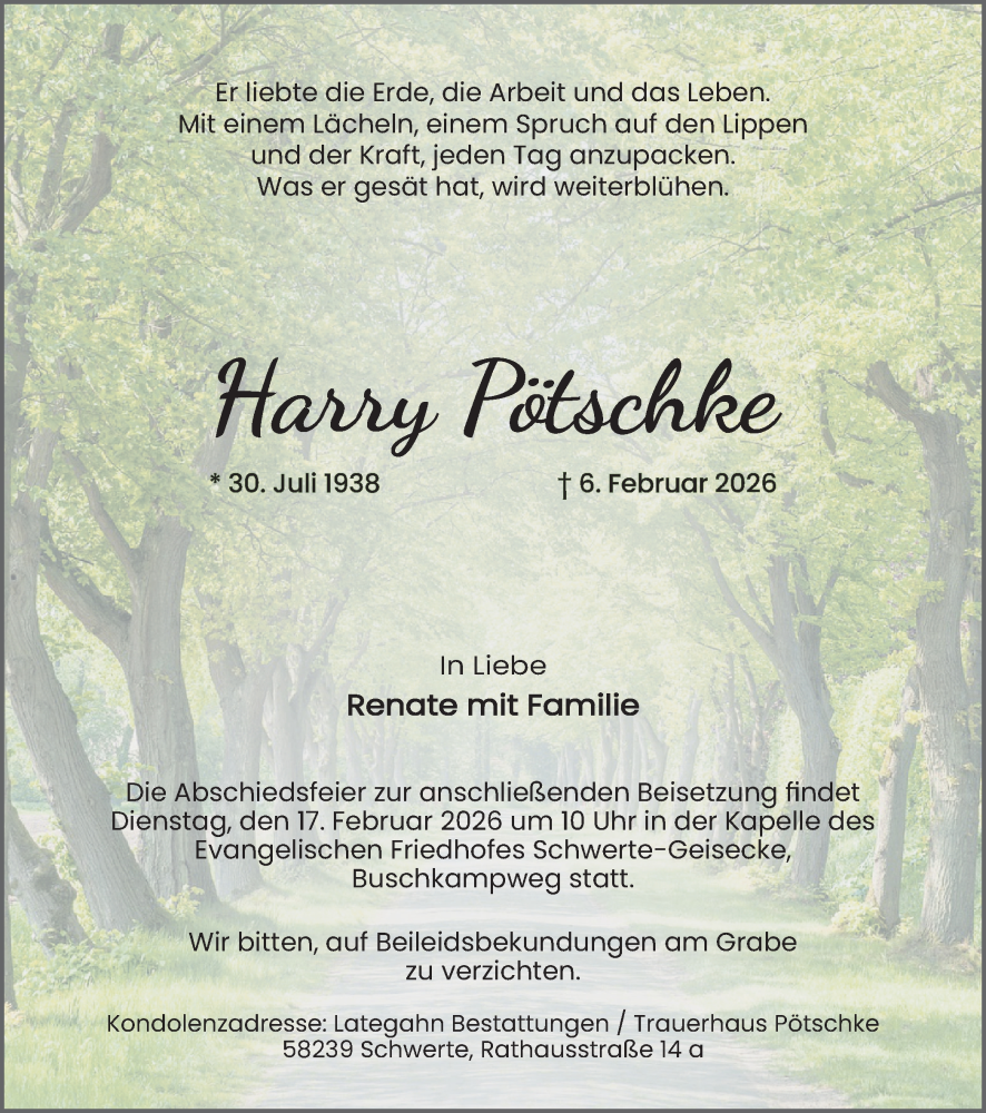  Traueranzeige für Harry Pötschke vom 14.02.2026 aus Ruhr Nachrichten