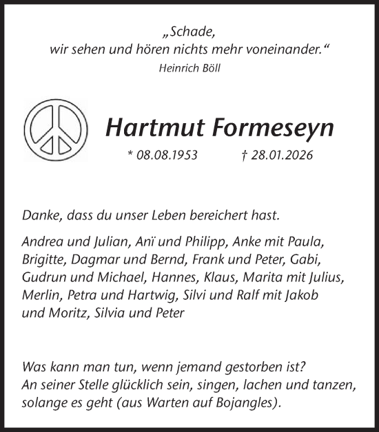 Traueranzeige von Hartmut Formeseyn von Ruhr Nachrichten