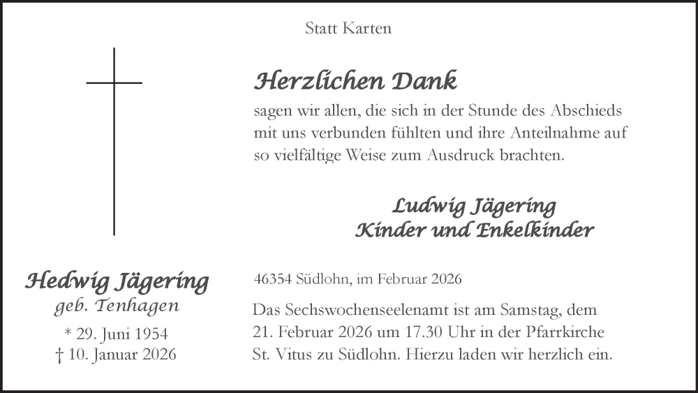  Traueranzeige für Hedwig Jägering vom 20.02.2026 aus Münsterland Zeitung
