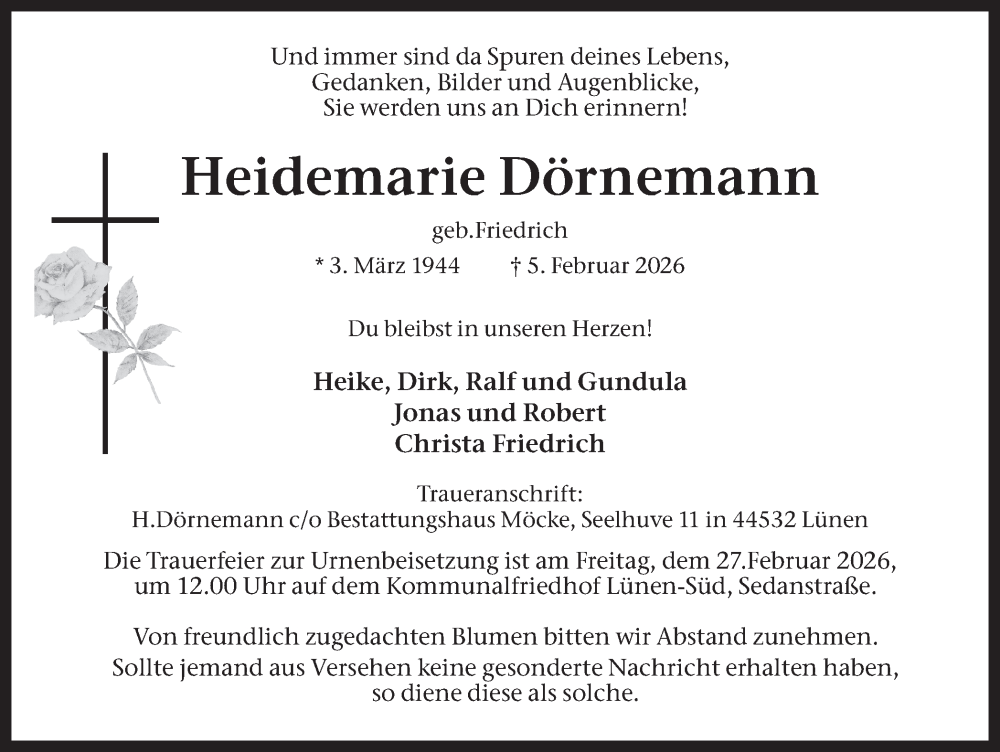  Traueranzeige für Heidemarie Dörnemann vom 21.02.2026 aus Ruhr Nachrichten, Lüner Anzeiger