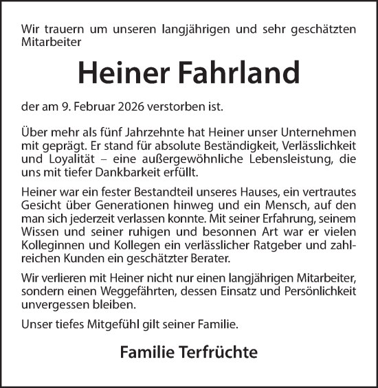 Traueranzeige von Heiner Fahrland von Münsterland Zeitung