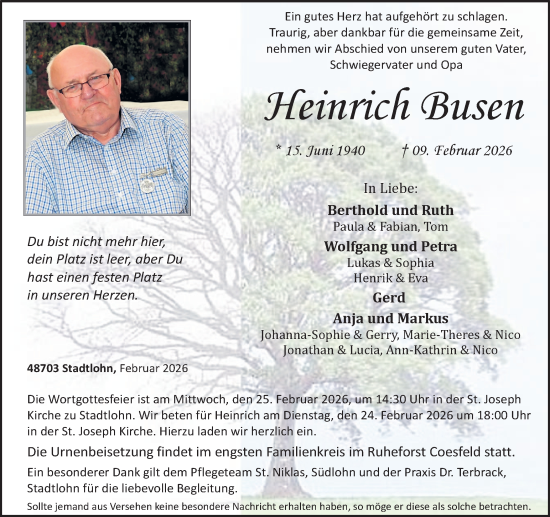 Traueranzeige von Heinrich Busen von Münsterland Zeitung