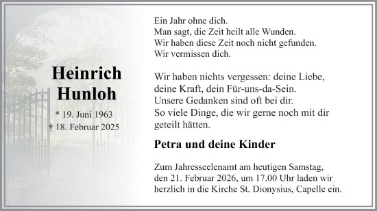 Traueranzeige von Heinrich Hunloh von Ruhr Nachrichten