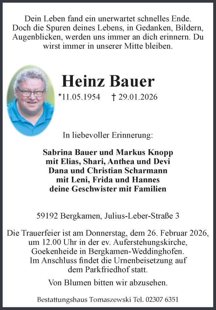  Traueranzeige für Heinz Bauer vom 14.02.2026 aus Hellweger Anzeiger