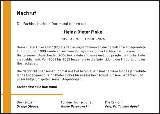 Traueranzeige von Heinz-Dieter Finke von Ruhr Nachrichten