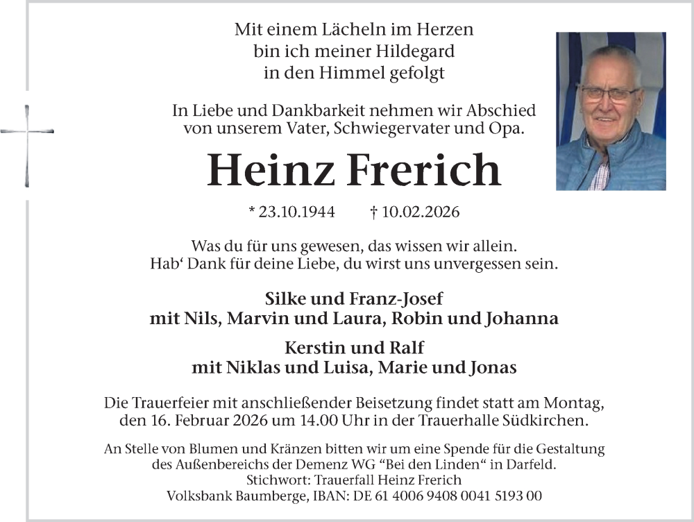  Traueranzeige für Heinz Frerich vom 14.02.2026 aus Ruhr Nachrichten