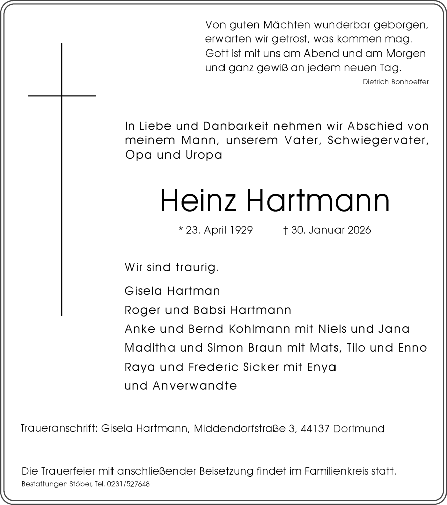  Traueranzeige für Heinz Hartmann vom 14.02.2026 aus Ruhr Nachrichten