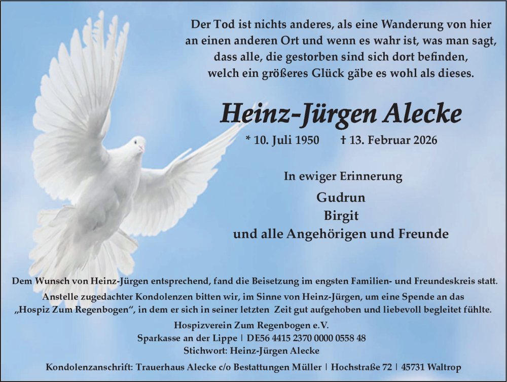  Traueranzeige für Heinz-Jürgen Alecke vom 28.02.2026 aus Trauer Vest