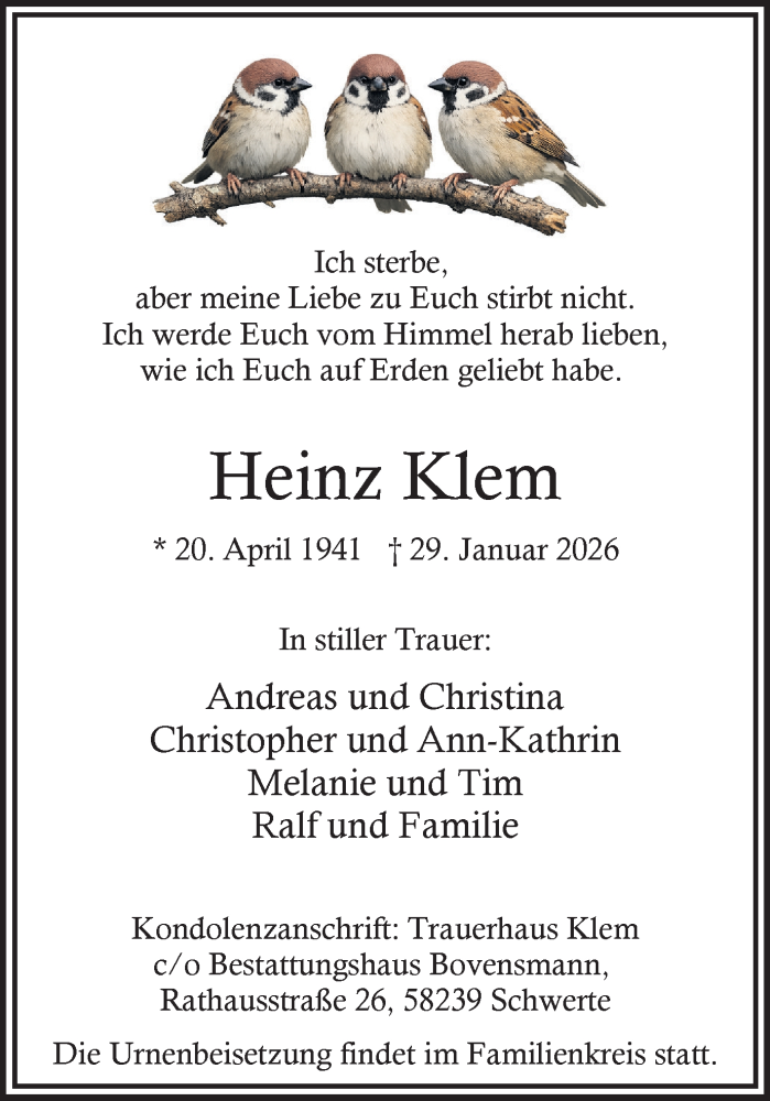  Traueranzeige für Heinz Klem vom 07.02.2026 aus Ruhr Nachrichten