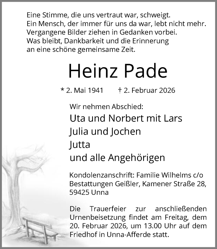  Traueranzeige für Heinz Pade vom 07.02.2026 aus Hellweger Anzeiger