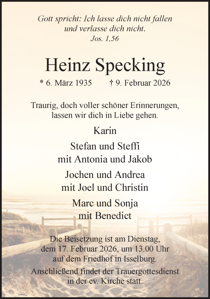  Traueranzeige für Heinz Specking vom 14.02.2026 aus 