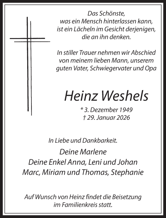 Traueranzeige von Heinz Weshels 